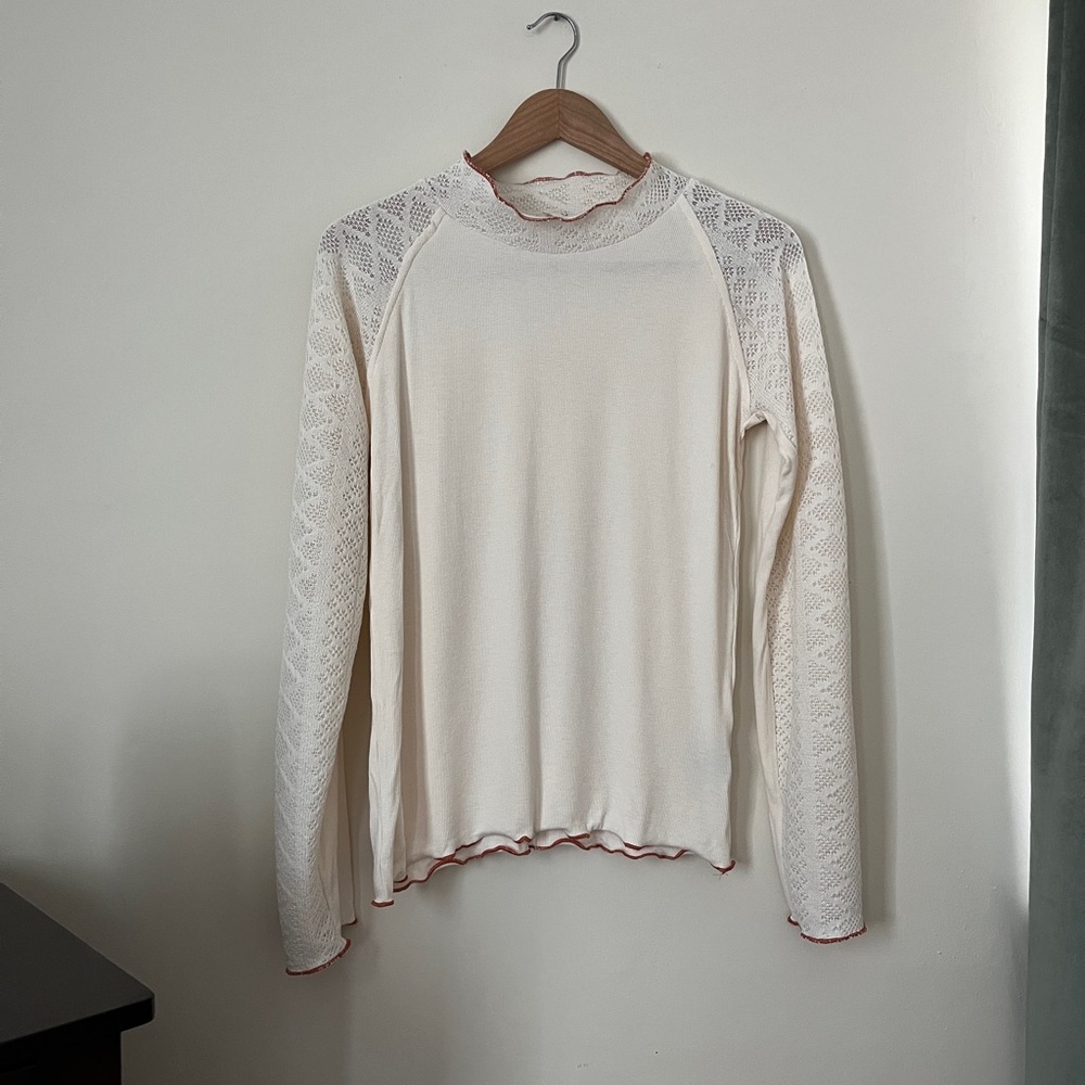 POL Cream Lace Sleeve Mock Neck Blouse